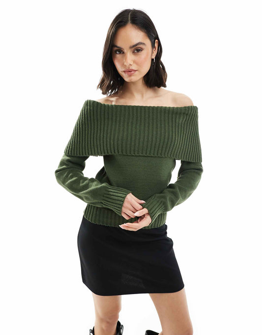 Knitted Bardot Jumper With Rib Detail