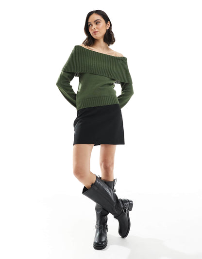 Knitted Bardot Jumper With Rib Detail