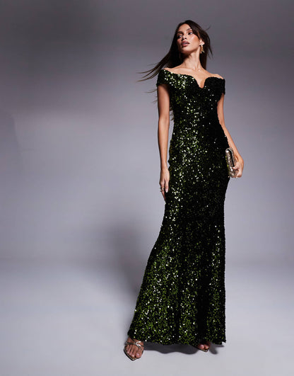 Goddiva Sequin Velvet Evening Maxi Dress