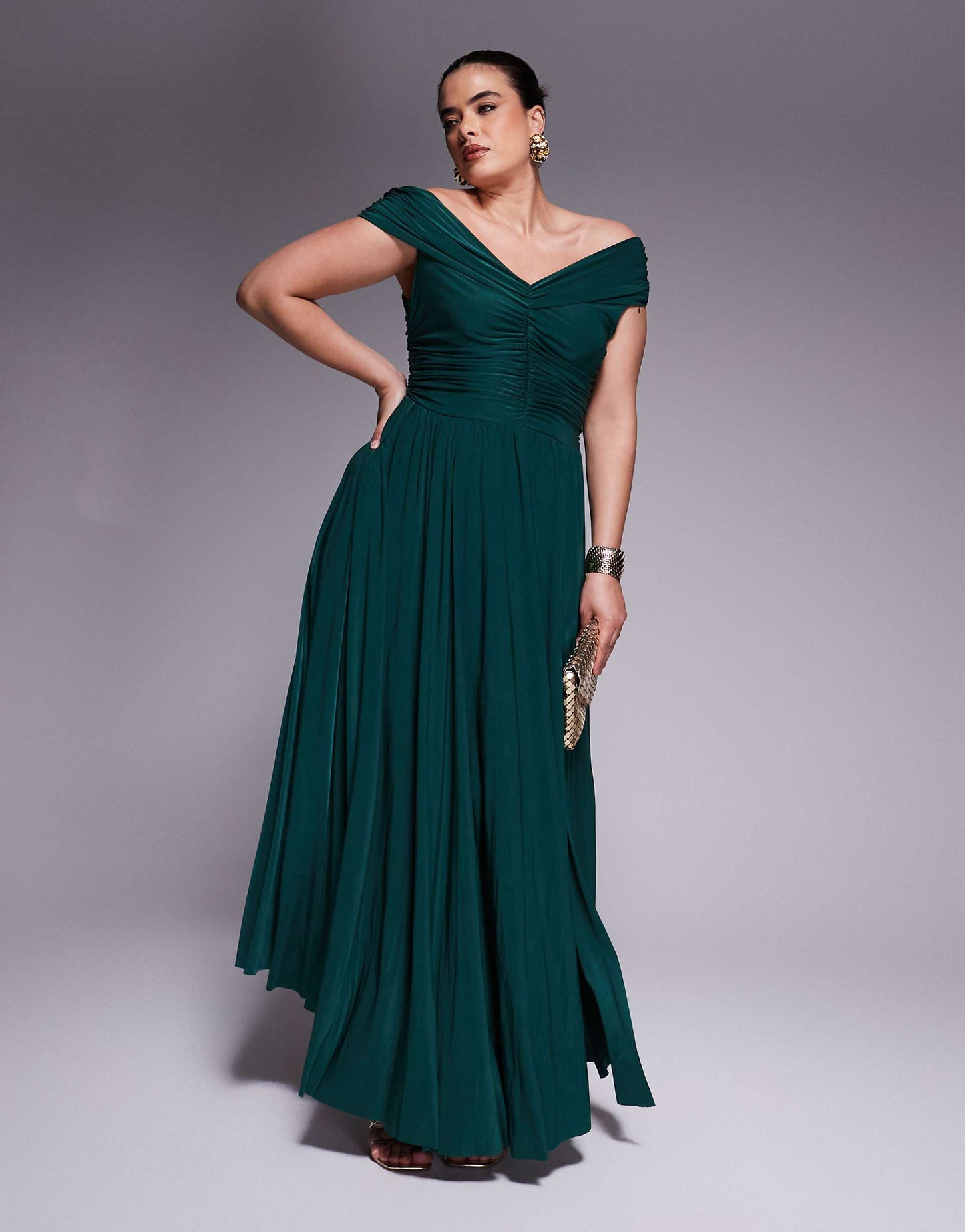Goddiva Curve Gathered Bodice Front Split Maxi Dress