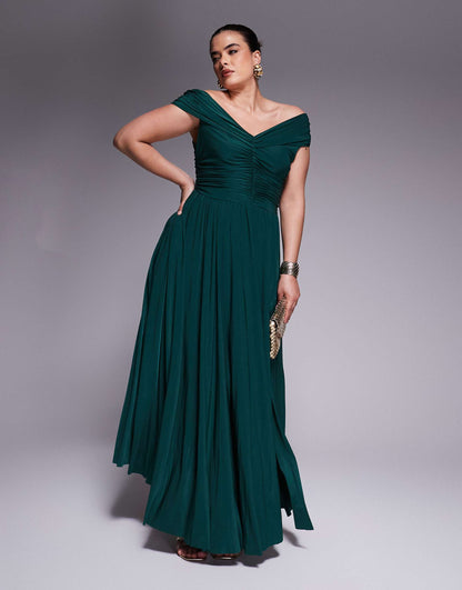 Goddiva Curve Gathered Bodice Front Split Maxi Dress