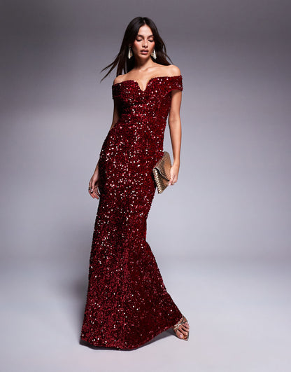 Goddiva Sequin Velvet Evening Maxi Dress