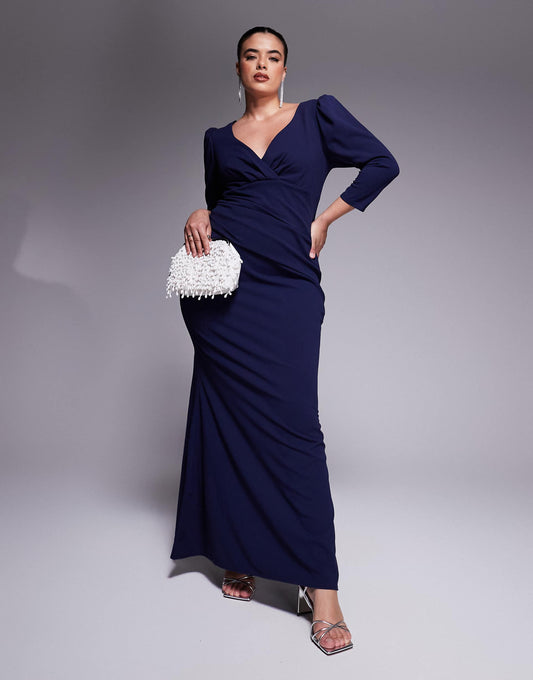 Curve Three Quarter Faux Wrap Neck Maxi Dress