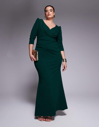 Curve Three Quarter Faux Wrap Neck Maxi Dress