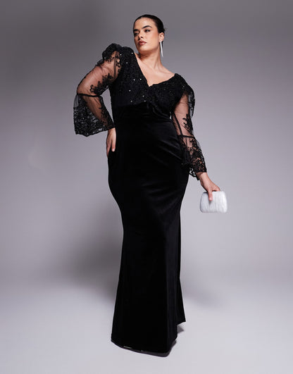 Curve Scalloped Lace & Velvet Maxi Dress