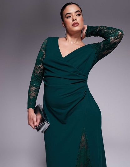 Curve Scuba & Lace Wrap Maxi Dress