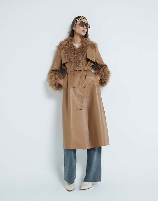 Faux Fur Trim Leather Trench Coat
