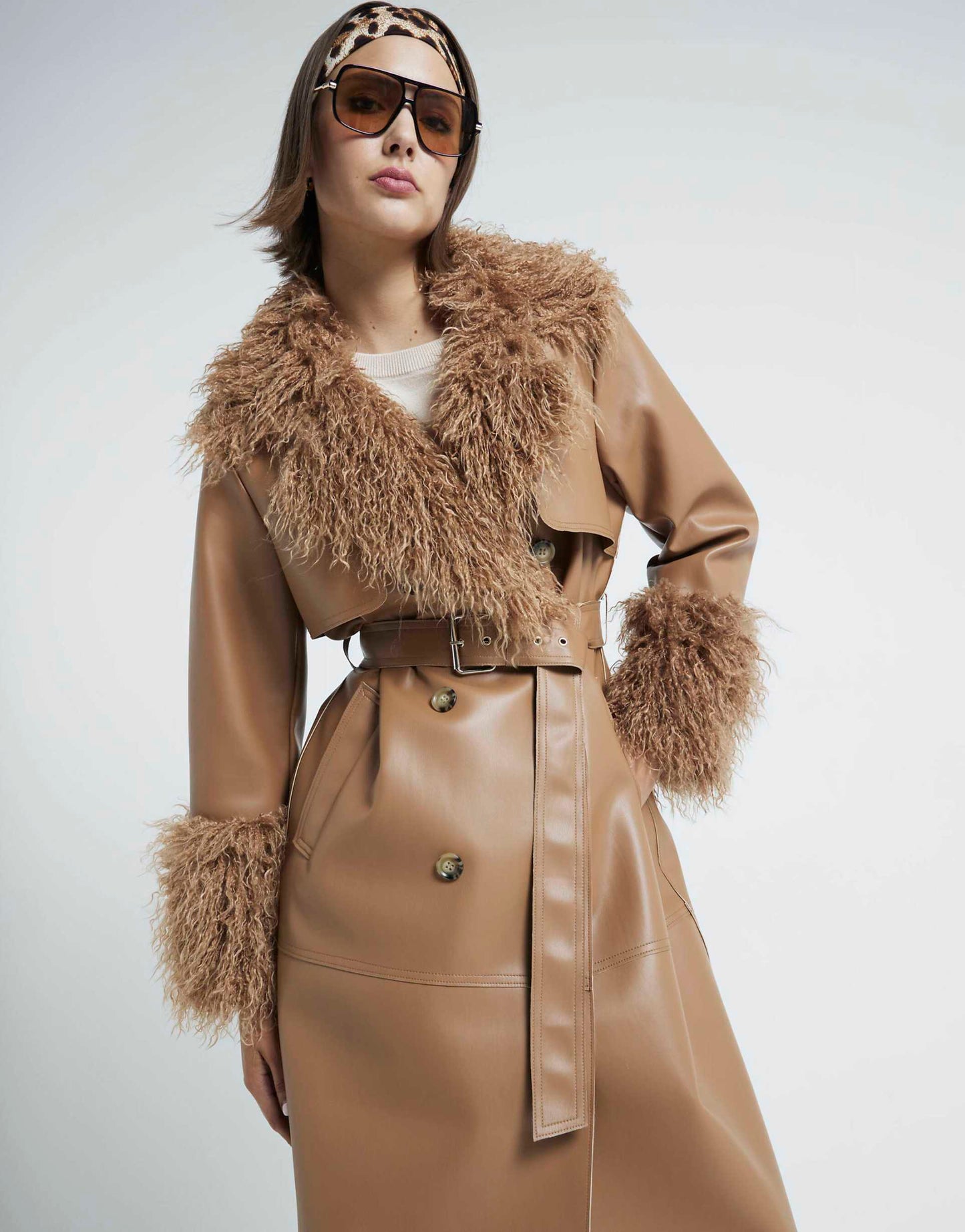 Faux Fur Trim Leather Trench Coat