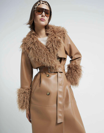 Faux Fur Trim Leather Trench Coat