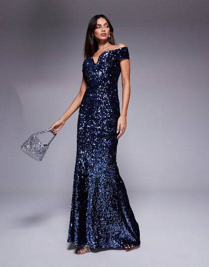 Goddiva Sequin Velvet Evening Maxi Dress