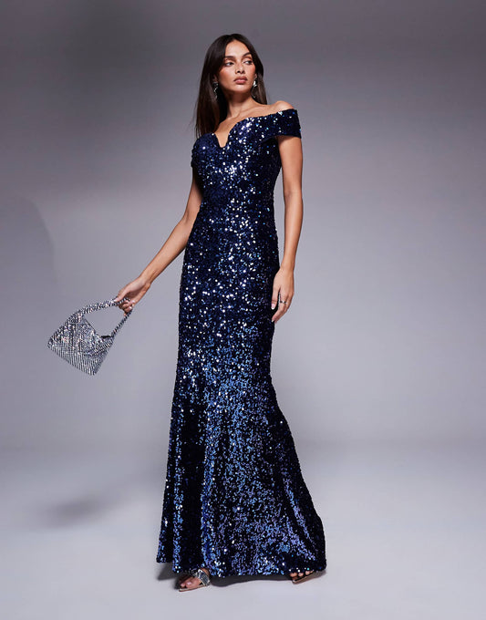 Goddiva Sequin Velvet Evening Maxi Dress