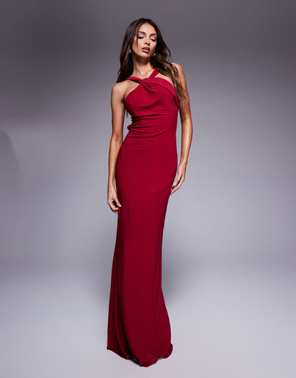 Halter Maxi Dress With Knotted Back Trim Detail