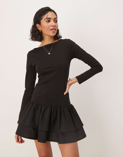 Dropped Waist Double Frill Poplin Mix Mini Dress