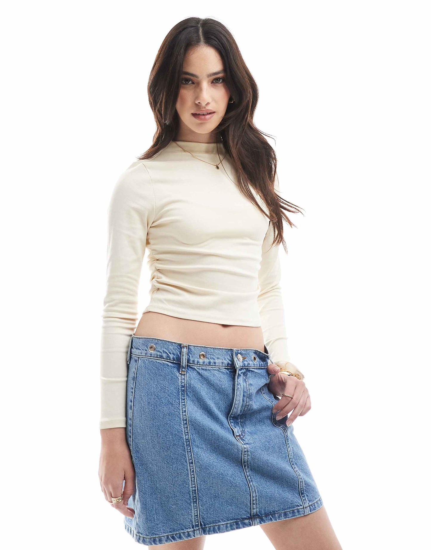 Mid Rise Denim Skirt With Eyelet Waistband