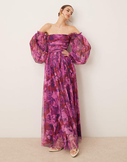 Off Shoulder Balloon Sleeve Tulle Maxi Dress