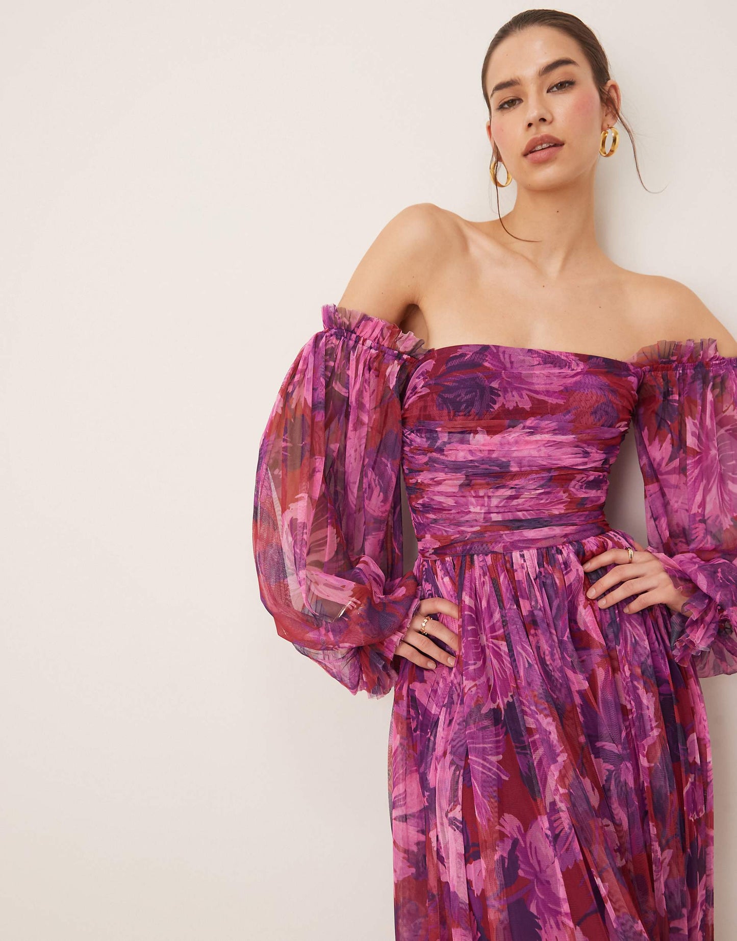 Off Shoulder Balloon Sleeve Tulle Maxi Dress