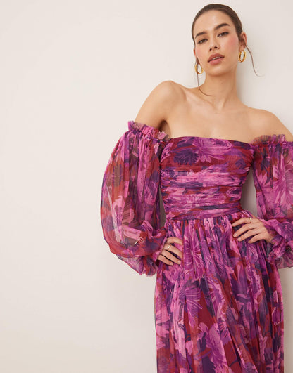 Off Shoulder Balloon Sleeve Tulle Maxi Dress