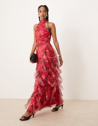 Halterneck Ruffle Midaxi Dress