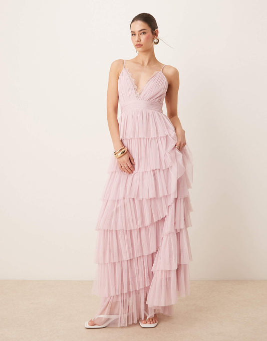 Lace Trim Cami Tulle Tiered Maxi Dress