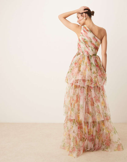 One Shoulder Tiered Tulle Maxi Dress