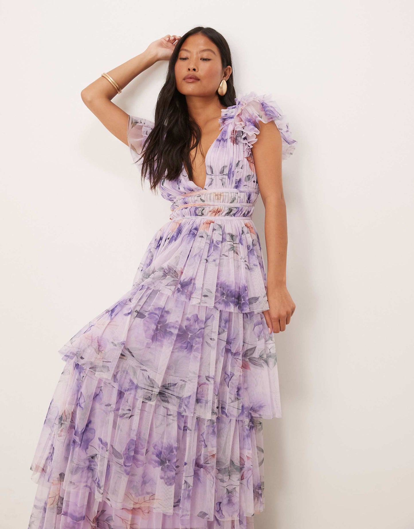 Petite Ruffle Shoulder Tiered Tulle Maxi Dress