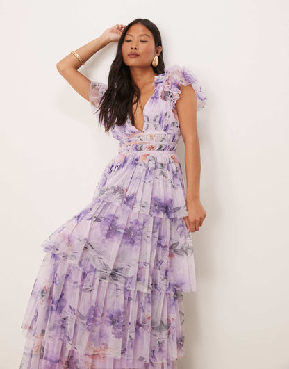 Petite Ruffle Shoulder Tiered Tulle Maxi Dress
