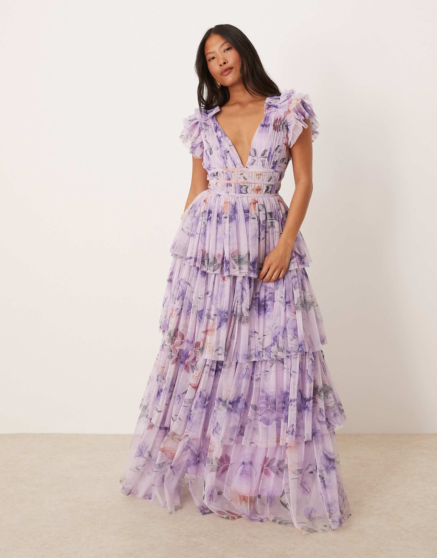 Petite Ruffle Shoulder Tiered Tulle Maxi Dress