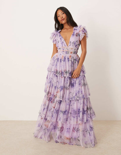 Petite Ruffle Shoulder Tiered Tulle Maxi Dress