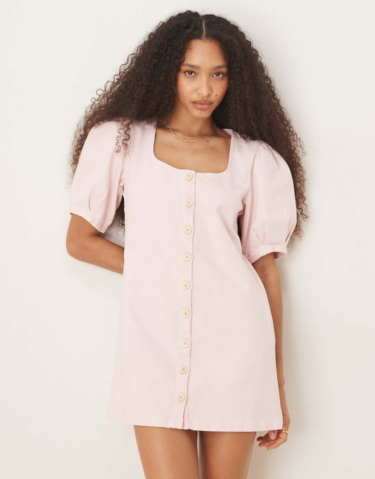Denim Button Through Mini Dress With Puff Sleeves