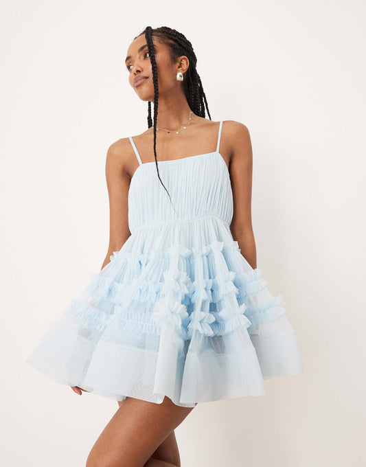 Tulle Ruffle Babydoll Bodysuit Mini Dress