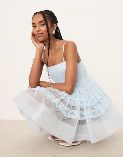 Tulle Ruffle Babydoll Bodysuit Mini Dress
