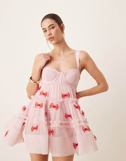 Bow Applique Babydoll Mini Dress