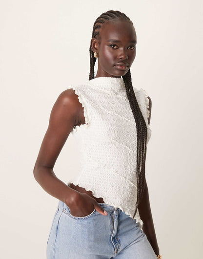 Asymmetric Texture Shirred Sleeveless Top