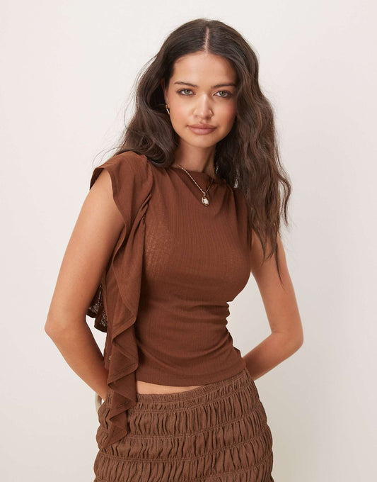 Dry Handle Rib Frill Detail Slash Neck Top