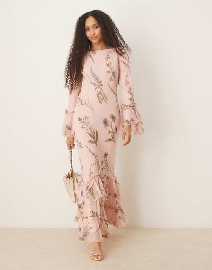 Tiered Ruffle Long Sleeve Chiffon Maxi