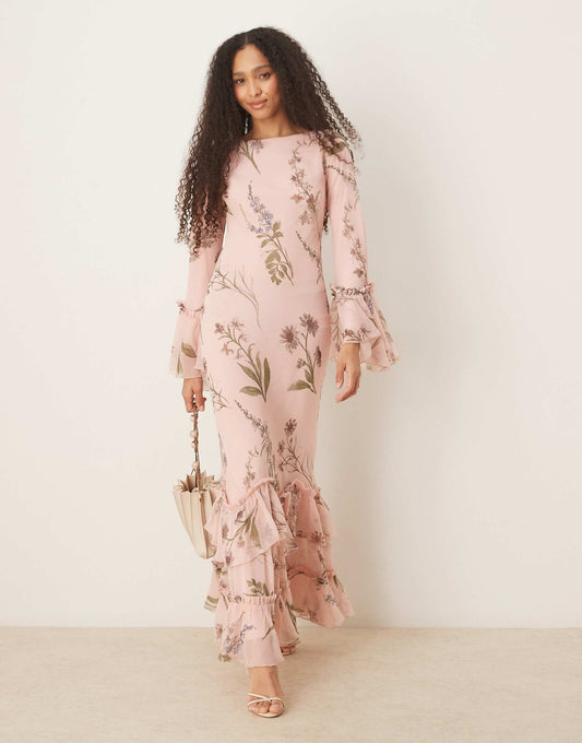 Tiered Ruffle Long Sleeve Chiffon Maxi
