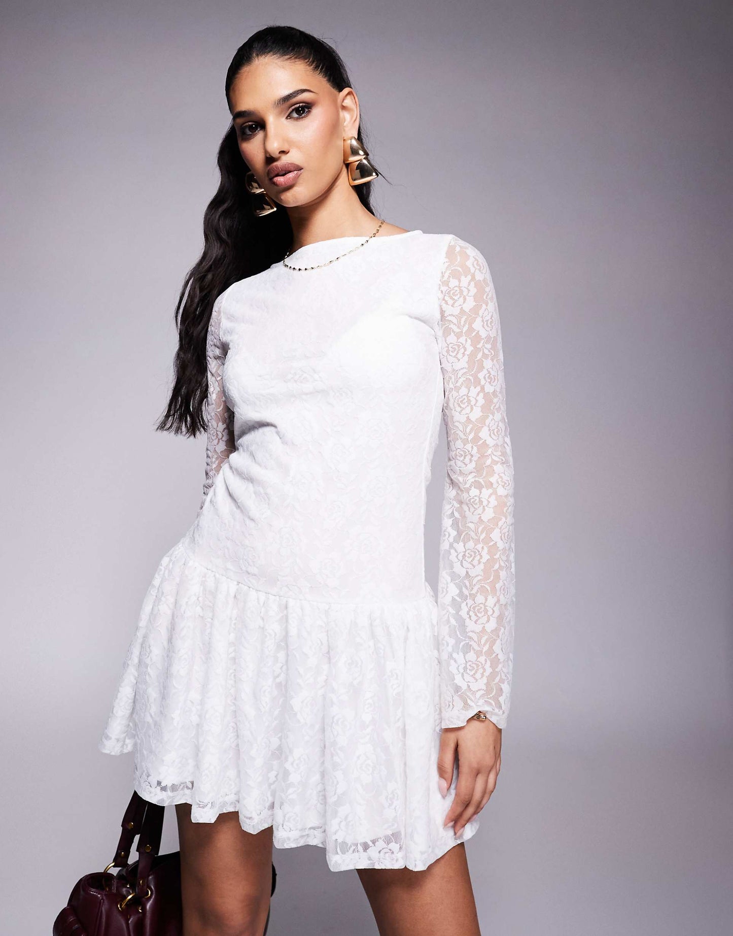 Lace Dropped Waist Flute Sleeve Mini Dress
