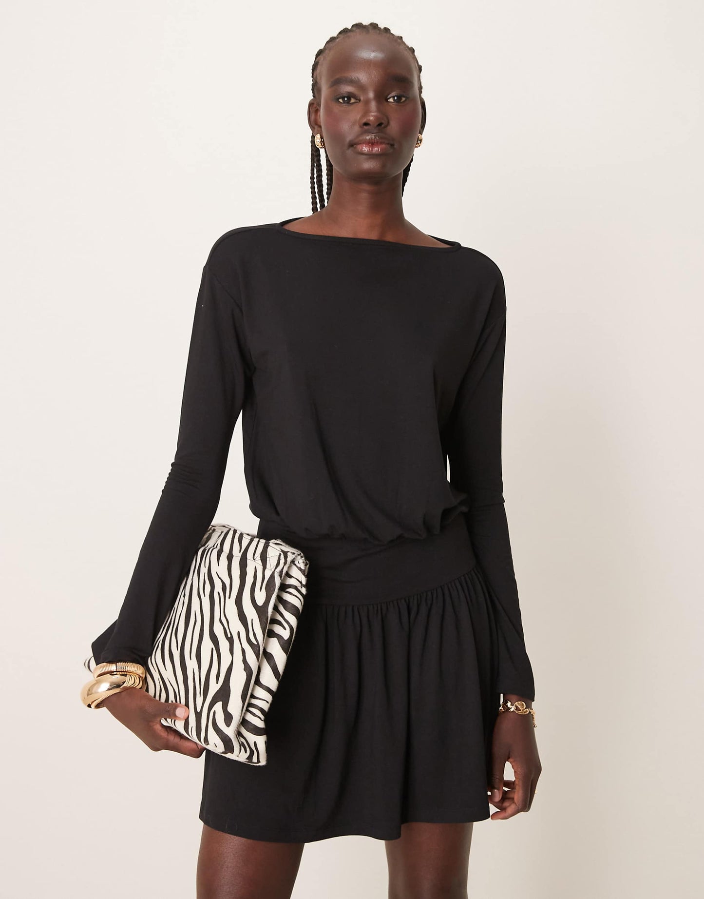 Cinched Drop Waist Slash Neck Mini Dress