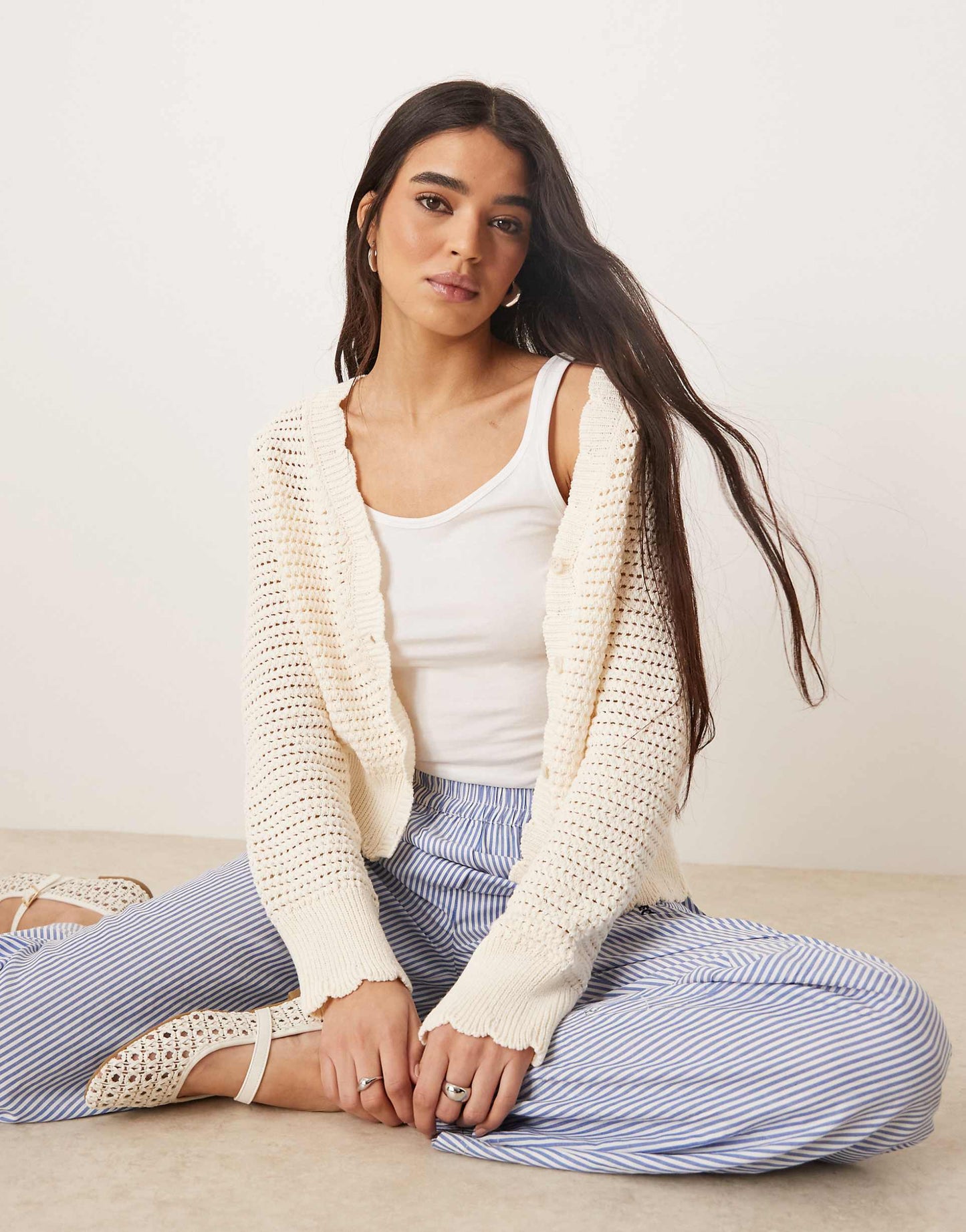 Knitted Crochet Look Cardigan With Scalloped Edge