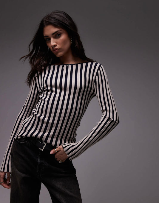 Knitted Slash Neck Stripe Top