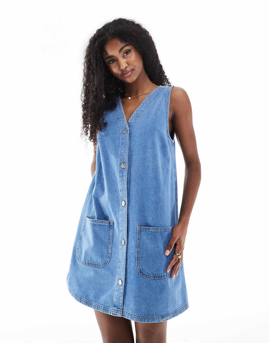Denim Button Down Pinafore Dress