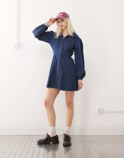 Mini Denim Shirt Dress With Peter Pan Collar