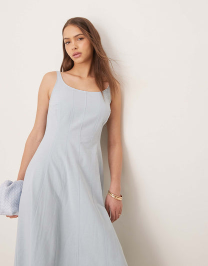 Square Neck Cotton Linen Maxi Dress With Seam Detail