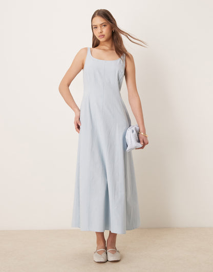 Square Neck Cotton Linen Maxi Dress With Seam Detail