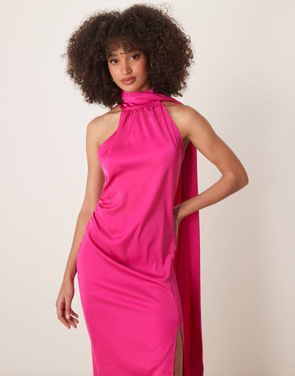 Satin One Shoulder Midi Dress