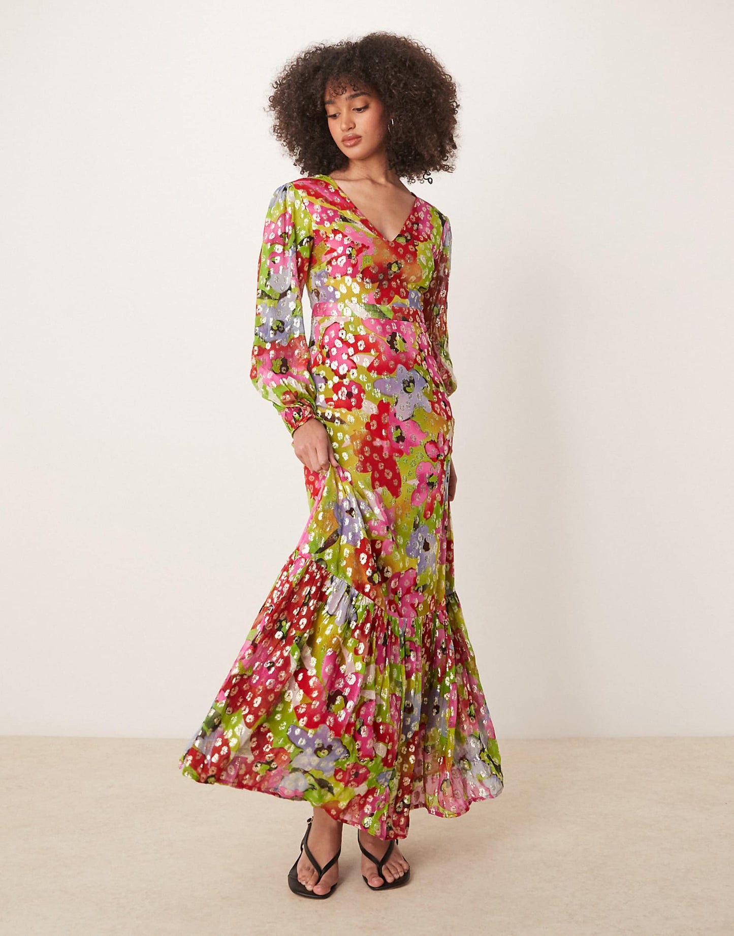 Metallic Printed Balloon Sleeve Maxi Dress