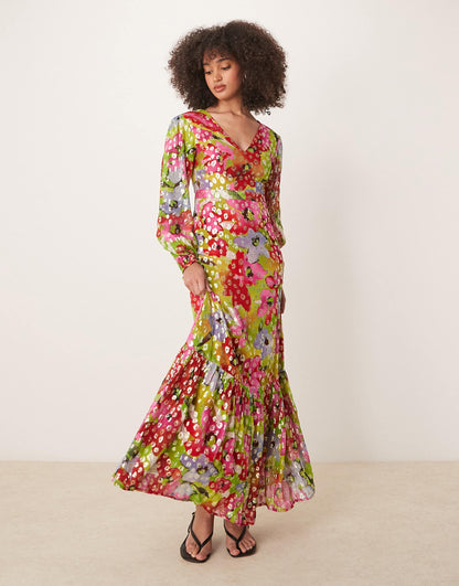 Metallic Printed Balloon Sleeve Maxi Dress