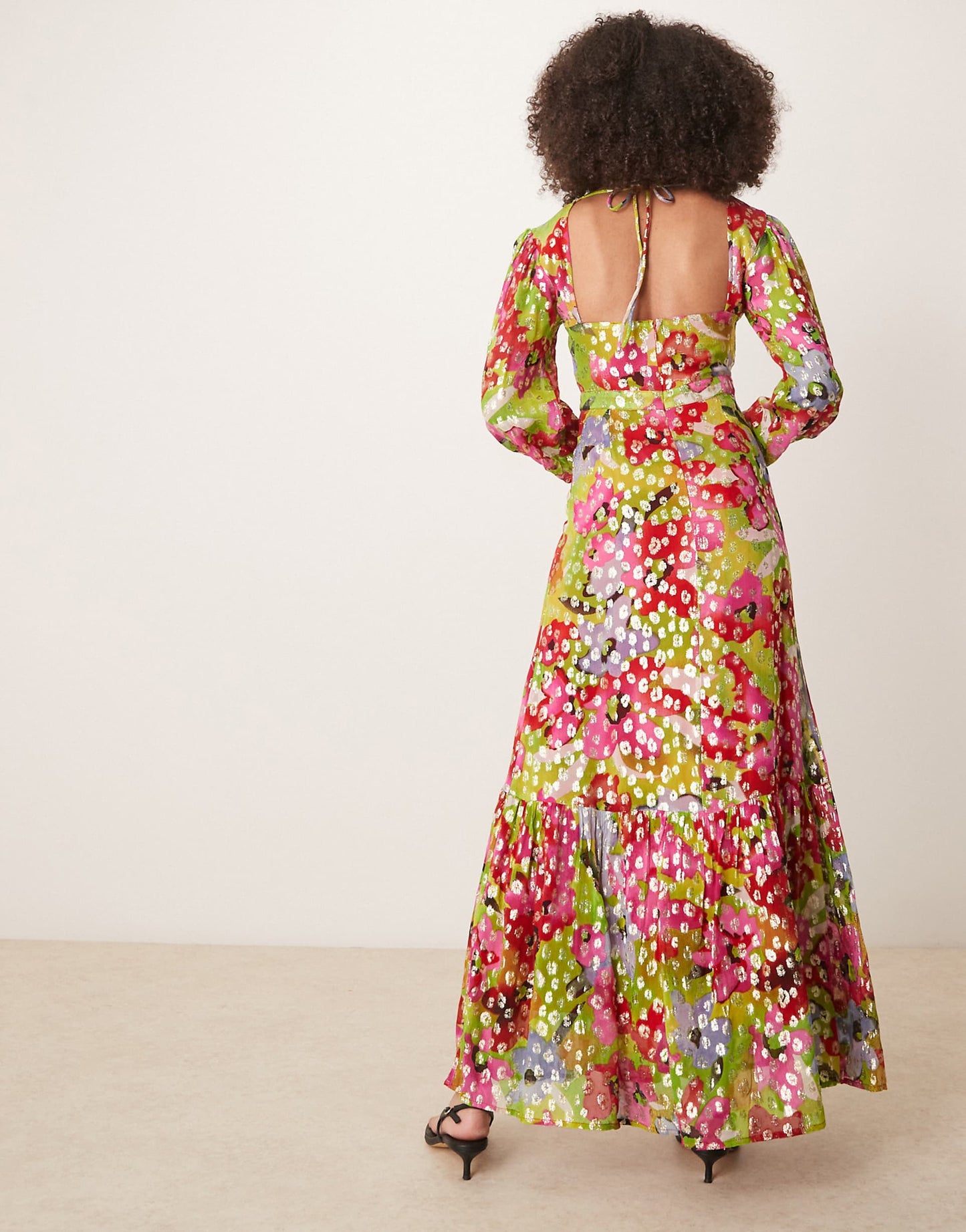Metallic Printed Balloon Sleeve Maxi Dress