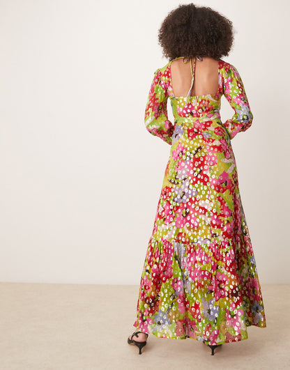 Metallic Printed Balloon Sleeve Maxi Dress