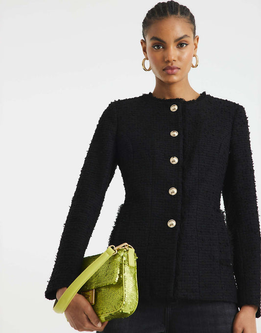 Collarless Boucle Jacket
